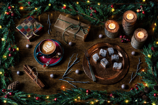 Обои картинки фото 3д графика, праздники , holidays, ветки, еловые, подарки, свечи, кофе