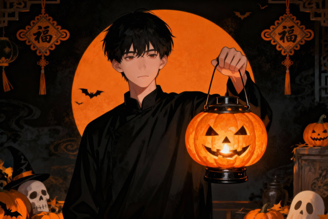 Обои картинки фото аниме, магия,  колдовство,  halloween, парень