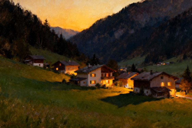 Обои картинки фото рисованное, города, горы, лес, закат, долина, дома, свет, поселок