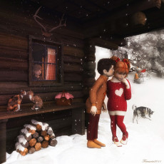 Картинка 3д графика people люди кошки собока снег дети