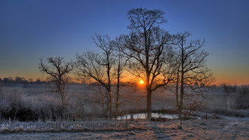 Картинка природа восходы закаты забор вечер деревья