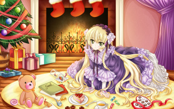 Картинка gosick аниме victorique de blois сладости камин merry+chrismas девушка winter носок игрушки подарки украшения платье шторы цветы чай конфеты елка огонь