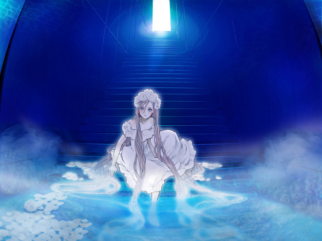 Обои картинки фото by, ebba, аниме, *unknown, другое, цветы, вода, лестница, волосы, девушка, платье