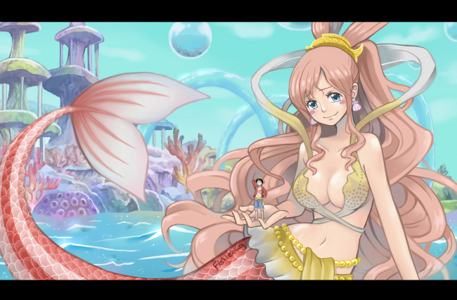 Обои картинки фото аниме, one, piece, monkey, d, luffy, shirahoshi