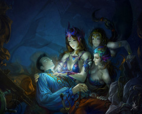 Картинка фэнтези русалки глубина шпага утонувший мужчина