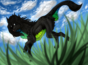 Картинка рисованные животные +сказочные +мифические трава облака собака