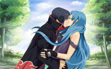 Картинка аниме naruto uchiha itachi akatsuki девушка парень akina686 перчатки лес синие волосы