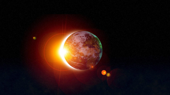 Обои картинки фото космос, арт, блики, затмение, солнце, звезды, планета
