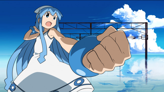 Обои картинки фото shinryaku,  ika musume, аниме, кулак, девушка