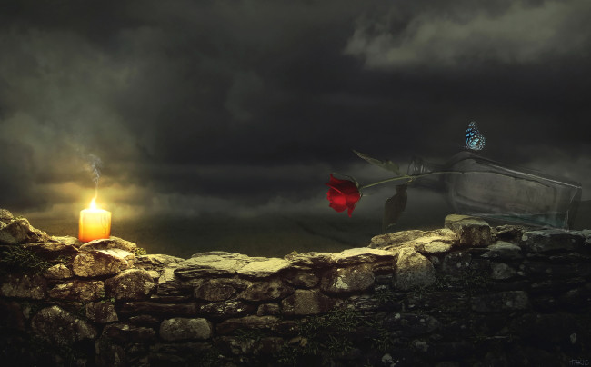 Обои картинки фото разное, компьютерный дизайн, бабочка, свеча, роза