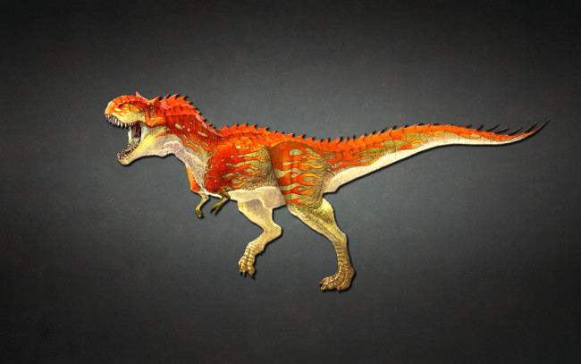 Обои картинки фото динозавр, рисованные, животные,  доисторические, красный, динозар, темный, фон, dinosaur