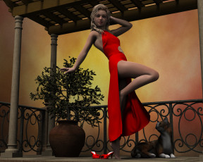 Картинка 3д+графика люди+ people растение кот фон взгляд девушка обувь платье