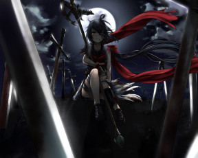 Картинка аниме оружие +техника +технологии ночь девушка арт dabuki топор луна