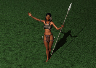 Картинка 3д+графика амазонки+ amazon девушка взгляд фон трава копье