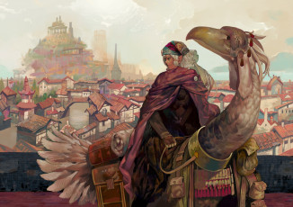 Картинка аниме животные +существа onion and pi-natto арт эльф накидка птица наездник небо путешественник город