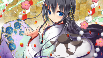 Картинка аниме животные +существа животное взгляд девушка арт барашка kamiyoshi цветы