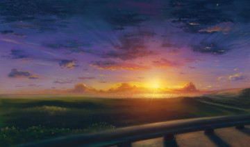 Картинка рисованное природа лето зеленая трава облака небо лучи