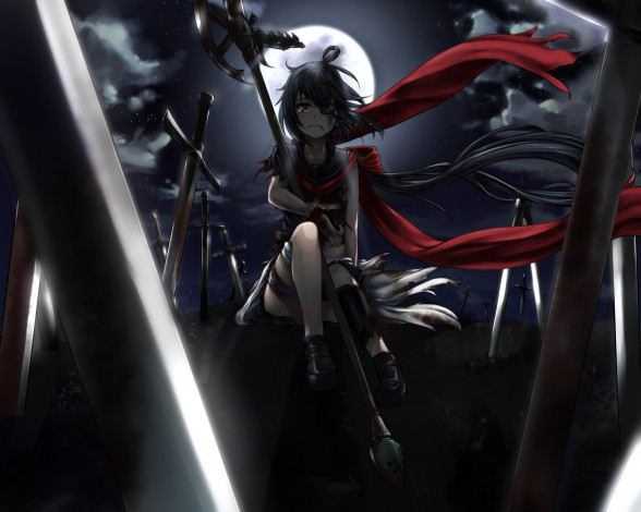 Обои картинки фото аниме, оружие,  техника,  технологии, ночь, девушка, арт, dabuki, топор, луна