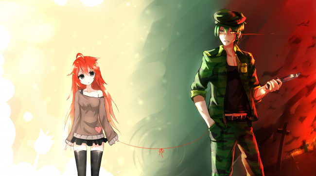 Обои картинки фото аниме, оружие,  техника,  технологии, арт, sen, ya, flippy, девушка, парень, flaky, happy, tree, friends