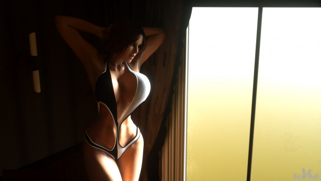 Обои картинки фото 3д графика, люди , people, девушка, взгляд, фон, окно