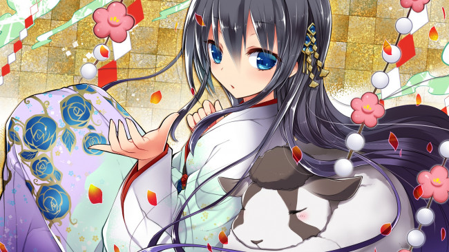 Обои картинки фото аниме, животные,  существа, животное, взгляд, девушка, арт, барашка, kamiyoshi, цветы