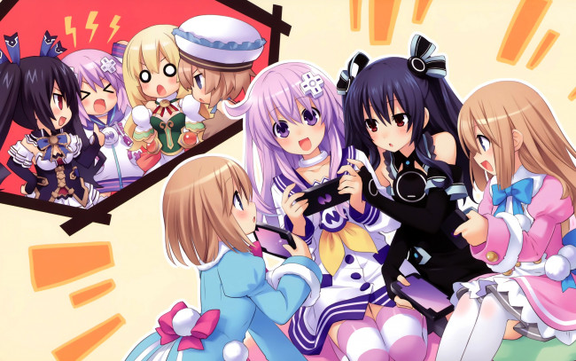 Обои картинки фото аниме, hyperdimension neptunia, девушки, взгляд, игра, psp, телефон