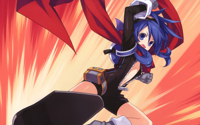 Обои картинки фото аниме, hyperdimension neptunia, фон, девочка, костюм, удар, прыжок