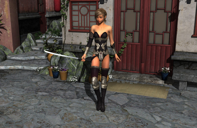 Обои картинки фото 3д графика, фантазия , fantasy, девушка, взгляд, фон, катанна