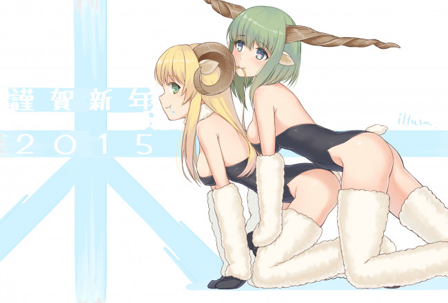 Обои картинки фото аниме, животные,  существа, рога, новогдний, арт, девушки, soratobuiltusa