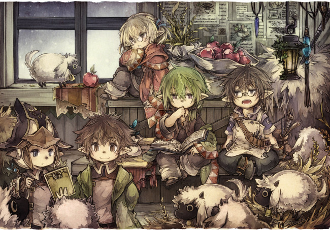 Обои картинки фото аниме, final fantasy, животные, барашки, чиби, эльфы, арт, final, fantasy