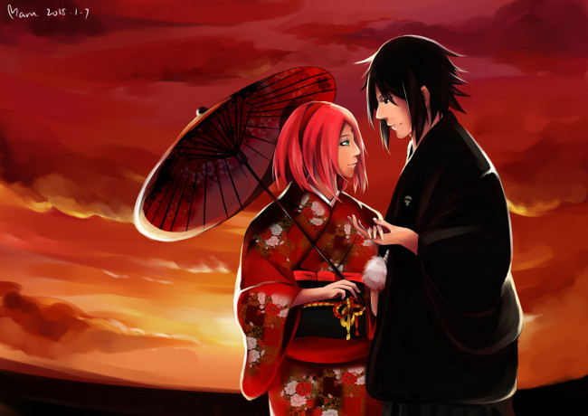 Обои картинки фото аниме, naruto, kimono, sasuke, uchiha, девушка, парень, art, maru, sakuro, haruno
