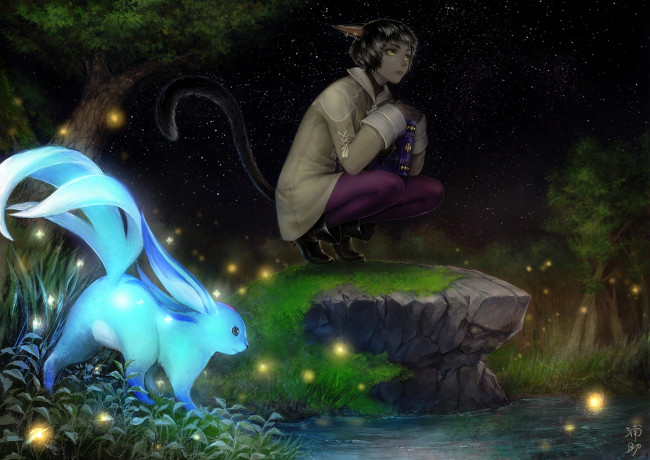 Обои картинки фото аниме, животные,  существа, парень, tetsu420, uraki, арт, книга, хвост, ушки, животное, небо, ночь, звезды