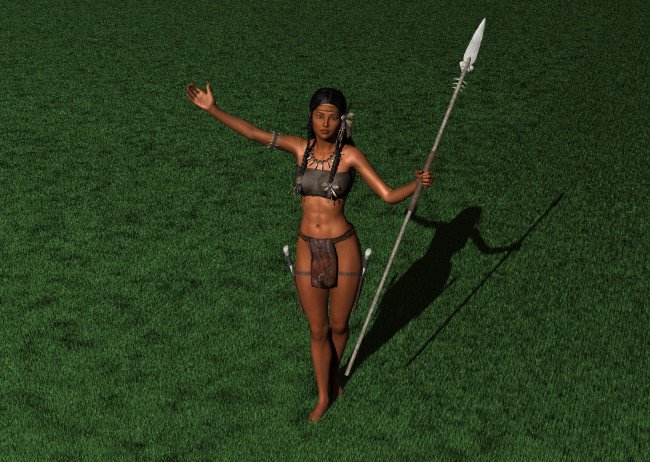 Обои картинки фото 3д графика, амазонки , amazon, девушка, взгляд, фон, трава, копье