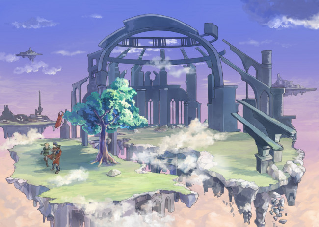 Обои картинки фото аниме, город,  улицы,  здания, люди, дерево, замок, парящий