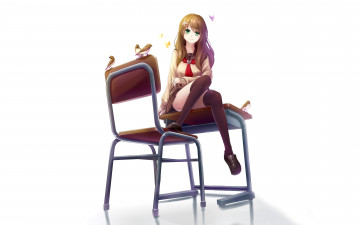 Картинка автор +un+s аниме unknown +другое сидит стул арт птицы un-s девушка