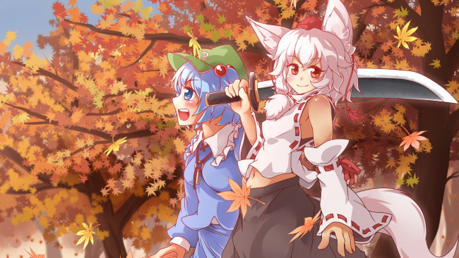 Обои картинки фото автор,  cue , lindwrum, аниме, touhou, kawashiro, nitori, inubashiri, momiji