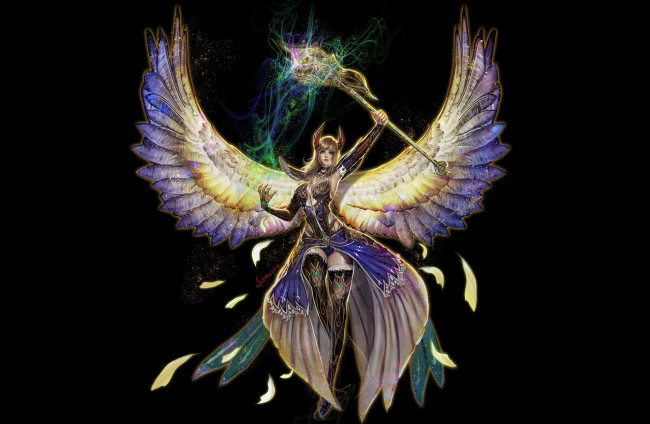 Обои картинки фото фэнтези, существа, эротика, youngmin, suh, девушка, арт, магия, посох, крылья, черный, фон