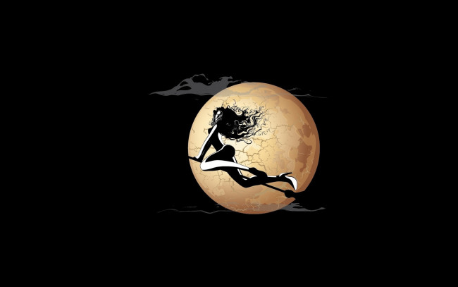 Обои картинки фото рисованное, минимализм, ведьма, луна, ночь