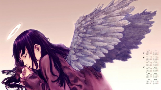 Обои картинки фото календари, аниме, крылья, девушка, 2018