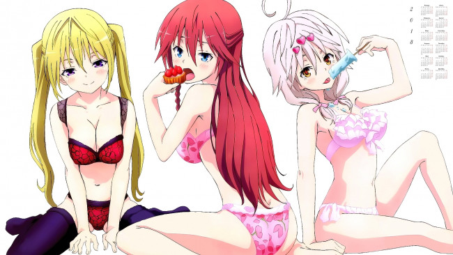Обои картинки фото календари, аниме, трое, взгляд, 2018, девушка
