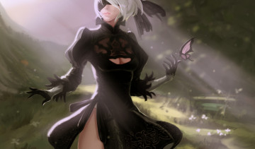 Картинка видео+игры nier +automata бабочка платье фон девушка