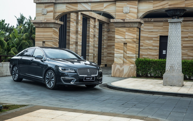 Обои картинки фото автомобили, lincoln, линкольн, mkz, hybrid, здание, пальмы, черный