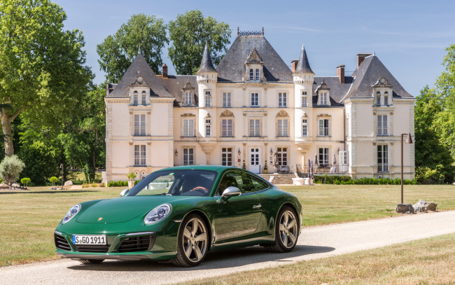 Обои картинки фото автомобили, porsche, порше, carrera, 911, зеленый, парк, дворец