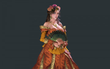 Картинка рисованное люди девушка венок веер платье