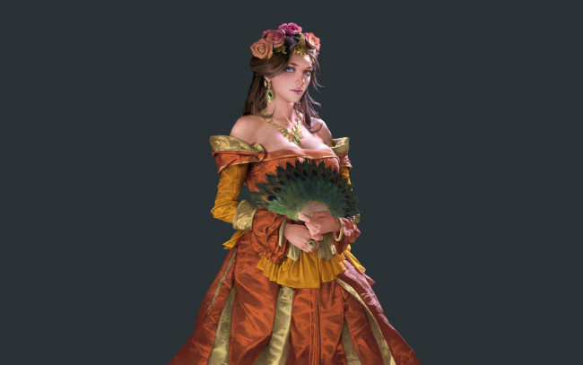 Обои картинки фото рисованное, люди, девушка, венок, веер, платье