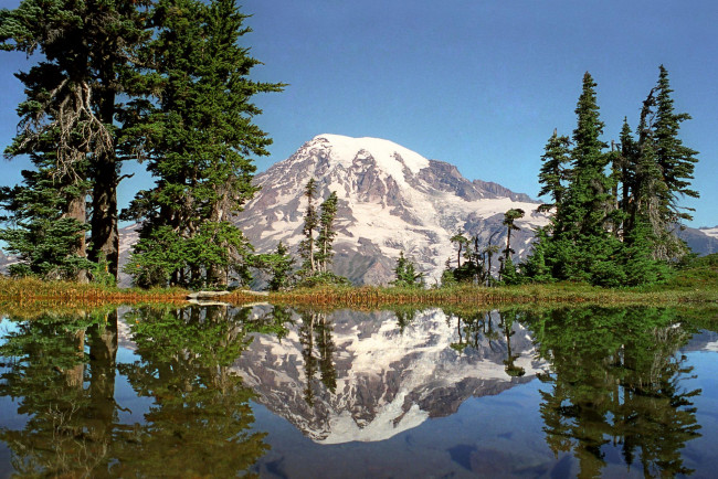 Обои картинки фото tahoma`s looking glass,  mt,  rainier national park,  washington, природа, реки, озера, деревья, гора, озеро