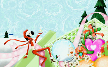 обоя праздничные, векторная графика , новый год, девушка, костюм, подарки, ёлки