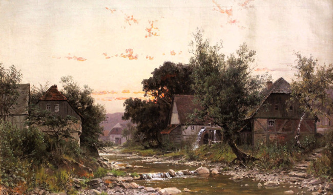 Обои картинки фото walter moras, рисованное, река, камни, дома, селение