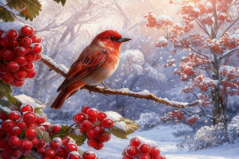 Картинка рисованное живопись зима снег птица ягоды