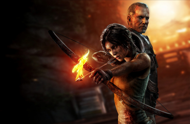 Обои картинки фото tomb, raider, 2013, видео, игры, стрела, огонь, лук, lara, croft